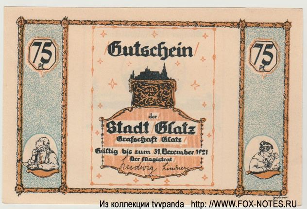 Notgeld der Stadt Glatz. 75 Pfennig 1921.