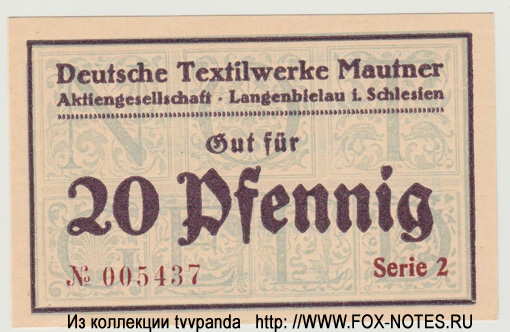Deutsche Textilwerke Mautner A.G. Langenbielau i Schlesien 20 Pfennig