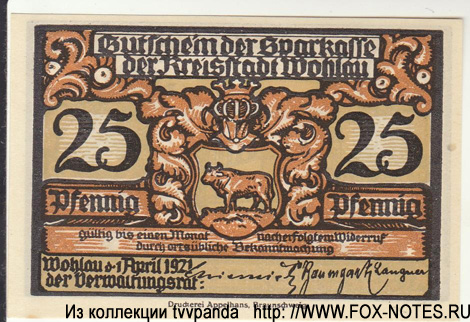 Gutschein der Sparkasse der Kreisstadt Wohlau. 25 Pfennig. 1. April 1921.