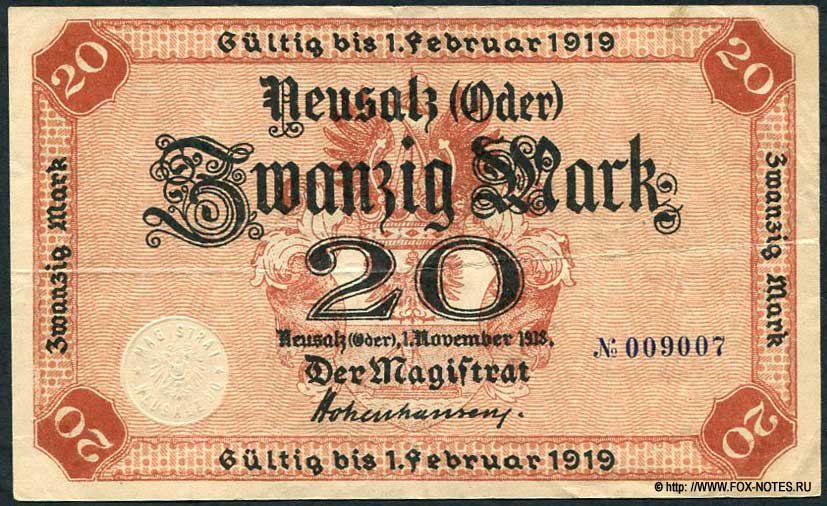 Städtische sparkasse Neusalz (Oder) 20 Mark 1918