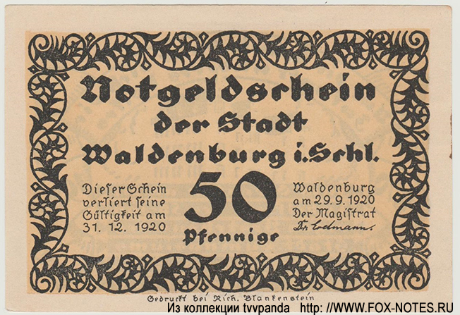 Notgeld-Schein der Stadt Waldenburg in Schlesien. 50 Pfennig.