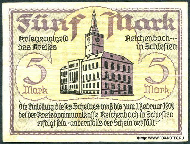 Kreiskommunalkasse Reichenbach in Schlesien 5 Mark 1918