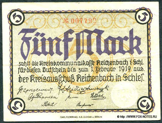Kreiskommunalkasse Reichenbach in Schlesien 5 Mark 1918