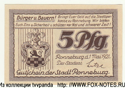 Gutschein der Stadt Ronneburg. 5 Pfennig. 1. Mai 1921. 