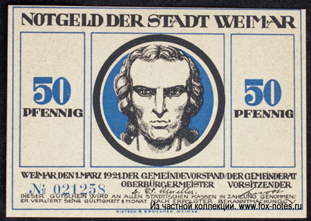 Gutschei der Stadt Weimar. 50 Pfennig 1921