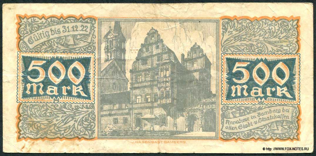 Stadt Bamberg Gutschein. 500 Mark. Oktober 1922.