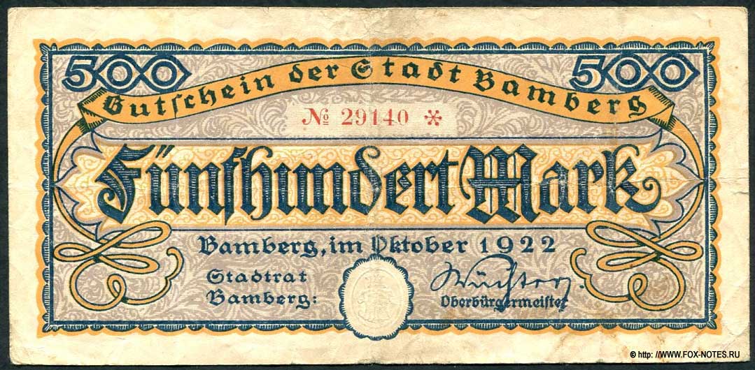 Stadt Bamberg Gutschein. 500 Mark. Oktober 1922.