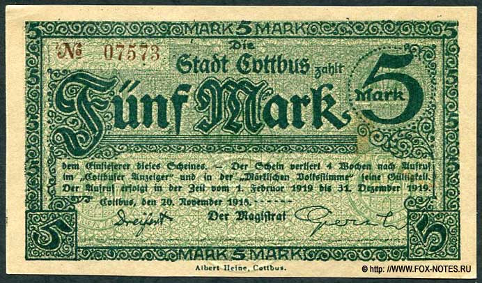 Stadt Cottbus 5 Mark 1918