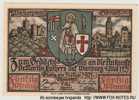 Stadt Eisenach 50 Pfennig 1921 LUTHER