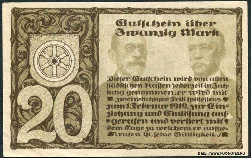 Stadt Erfurt Gutschein. 20 Mark. 20. Oktober 1918.