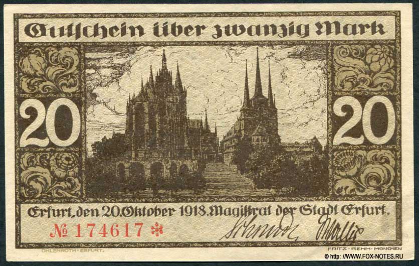 Stadt Erfurt Gutschein. 20 Mark. 20. Oktober 1918.