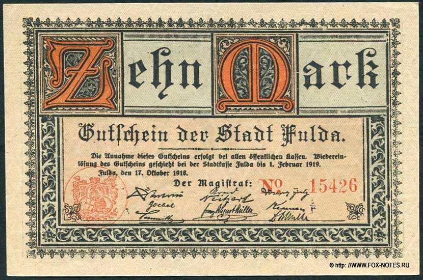 Gutschein der Stadt Fulda. 10 Mark. 17. Oktober 1918.