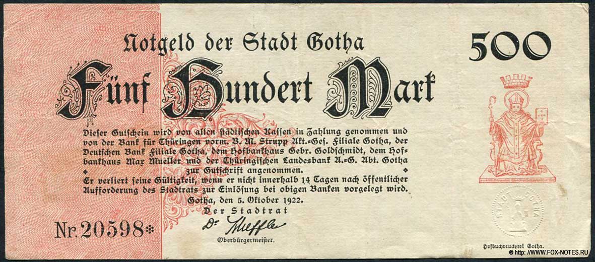 Notgeld der Stadt Gotha. 500 Mark. 5. Oktober 1922. 