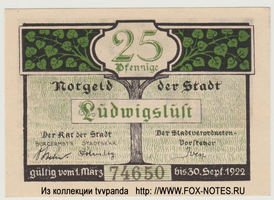 Notgeld der Stadt Ludwigslust. 25 Pfennig. 1. März 1922.