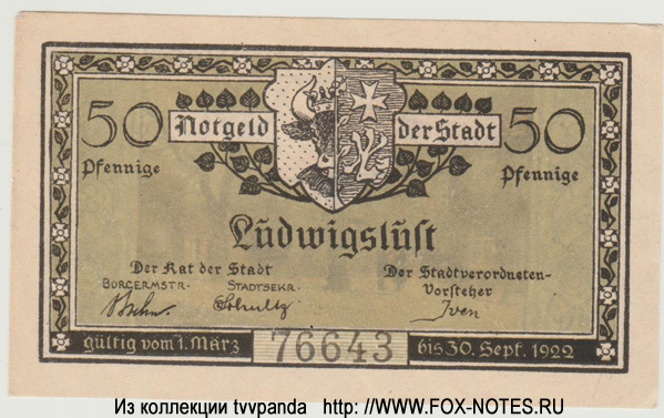 Notgeld der Stadt Ludwigslust. 50 Pfennig. 1. März 1922.
