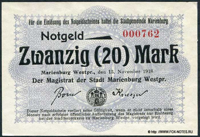 Marienburg Notgeld. 20 Mark 13. November 1918.