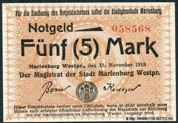 Marienburg Notgeld. 5 Mark 13. November 1918.