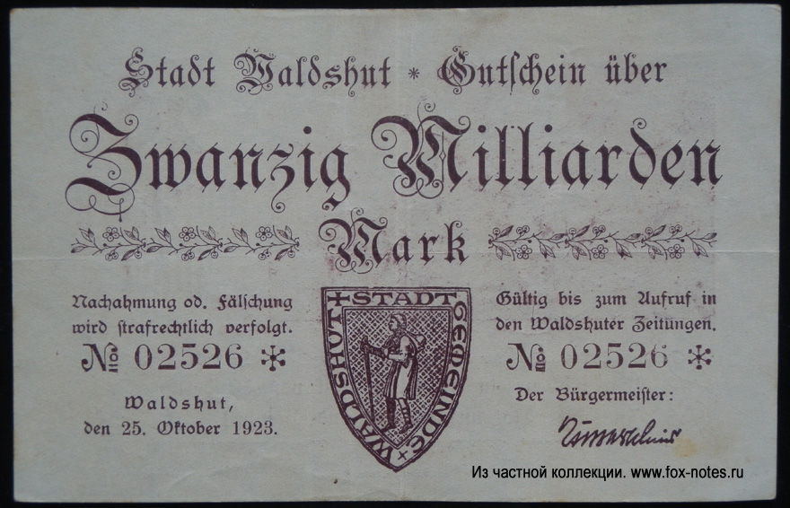 Stadt Waldshut 20 Milliarden Mark 1923