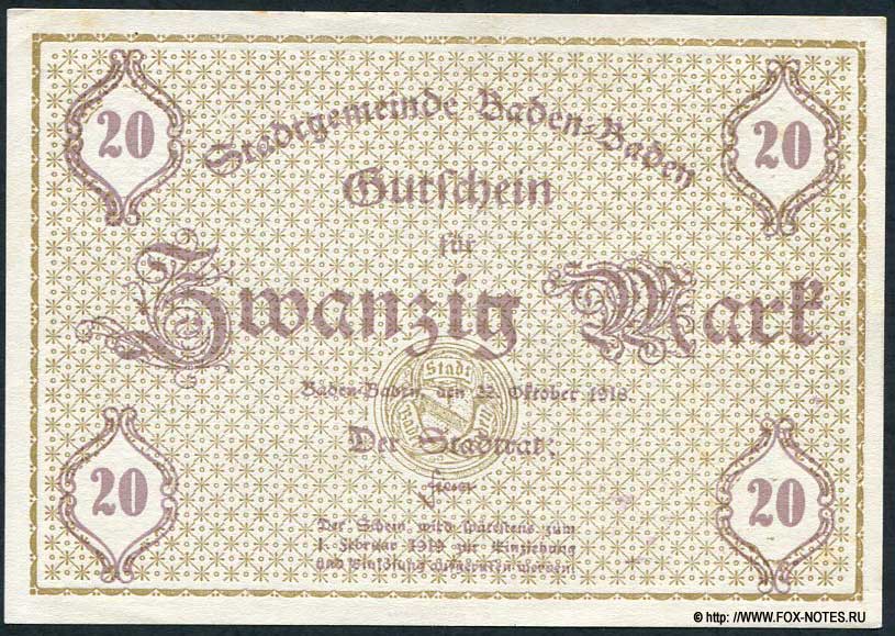 Stadtgemeinde Baden-Baden 20 Mark 1918