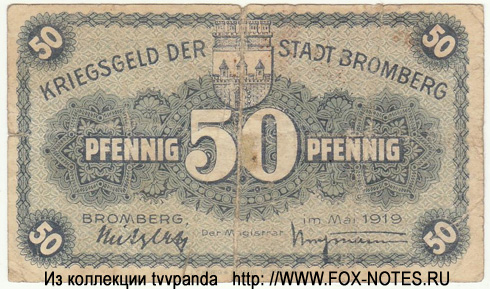 Stadtgemeinde Bromberg. Kriegs-Geld. 50 Pfennig. Mai 1919.