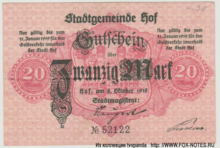 Stadtgemeinde Hof Gutschein. 20 Mark. 9. November 1918.