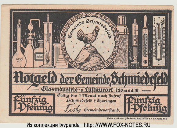 Notgeld der Gemeinde Schmiedefeld 50 Pfennig 1921
