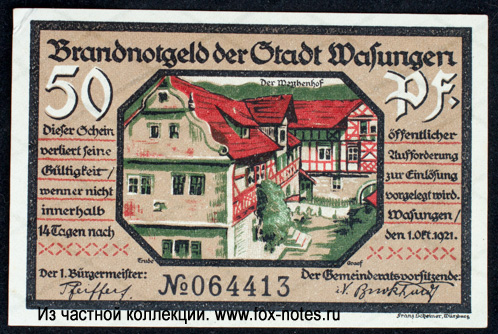 Brandtnotgeld der Stadt Wasungen. 50 Pfennig. 1. Oktober 1921.