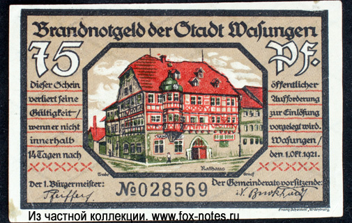 Brandtnotgeld der Stadt Wasungen. 75 Pfennig. 1. Oktober 1921.