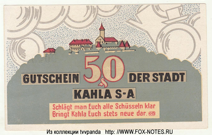Gutschein der Stadt Kahla S.A. 25 Pfennig. 15. August 1921.