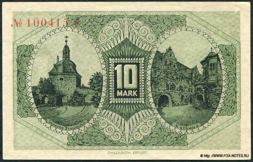 Stadthauptkasse Mühlhausen i/ Th. 10 Mark 1918 notgeld