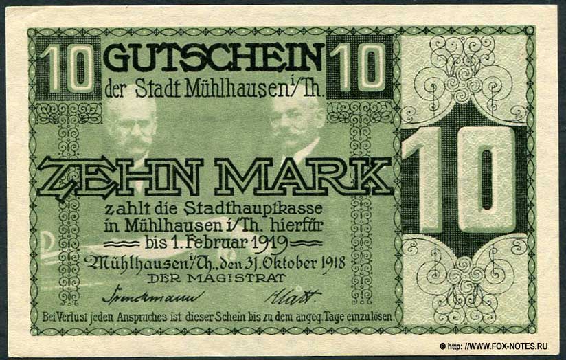 Stadthauptkasse Mühlhausen i/ Th. 10 Mark 1918