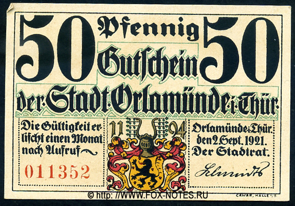 Stadt Orlamünde Gutschein. 50 Pfennig. 2. September 1921.