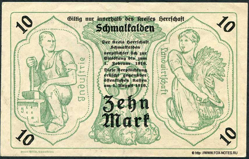 Kreis Schmalkalden Gutschein. 10 Mark. 16. Oktober 1918.
