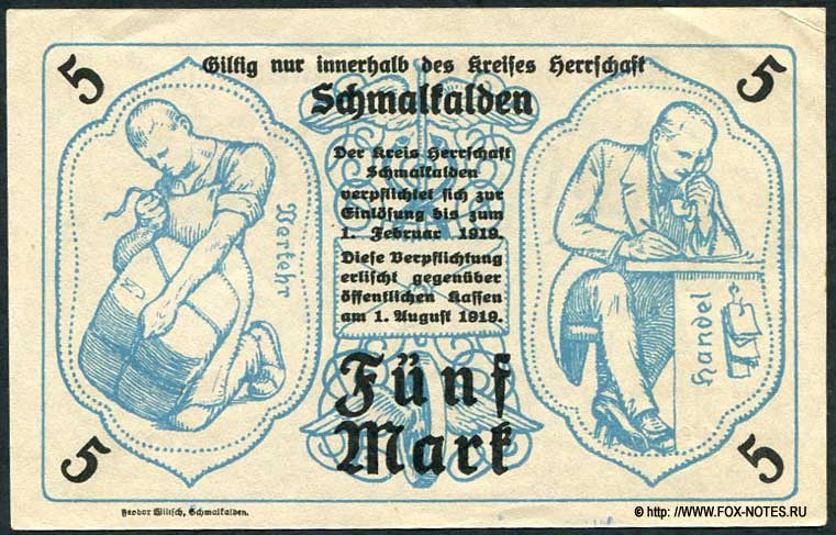 Kreis Schmalkalden Gutschein. 5 Mark. 16. Oktober 1918.