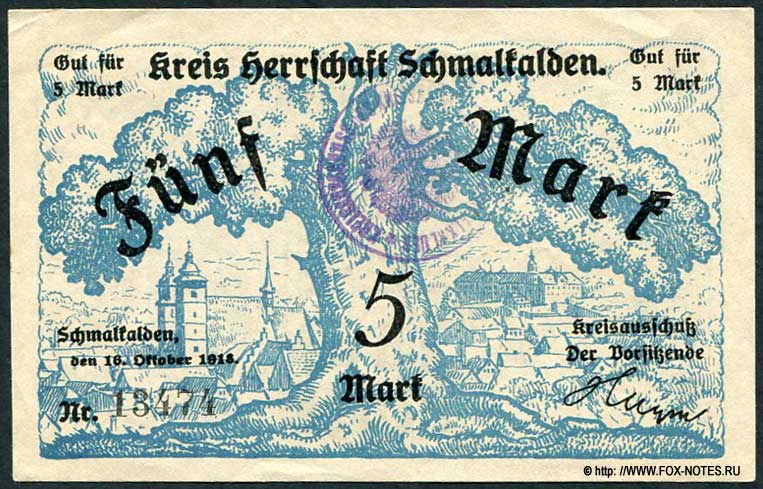 Kreis Schmalkalden Gutschein. 5 Mark. 16. Oktober 1918.