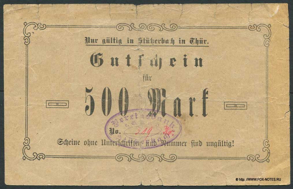 Vereinsbank Stützerbach e.G.m.b.H. 500 Mark 1922