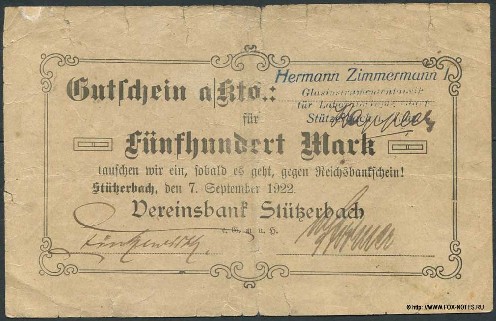 Vereinsbank Stützerbach, e.G.m.b.H. 500 Mark 1922