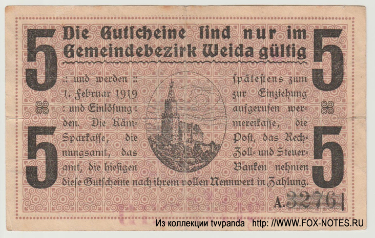 Gutschein der Stadt Weida. 5 Mark. 25. November 1918. 