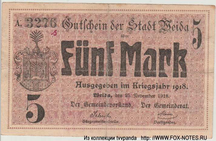 Gutschein der Stadt Weida. 5 Mark. 25. November 1918. 
