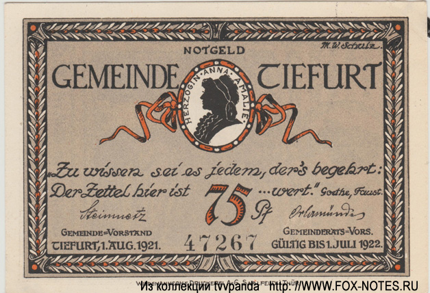 Gemeinde Tiefurt 75 Pfennig 1921