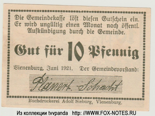 Gemeindekasse Vienenburg 10 Pfennig 1921