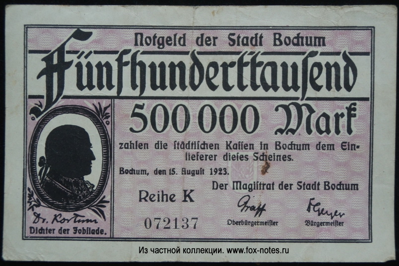 Notgeld der Stadt Bochum. 500000 Mark. 25. August 1923.