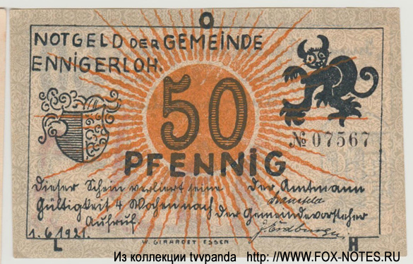Notgeld der Gemeinde Ennigerloh 50 Pfennig 1921
