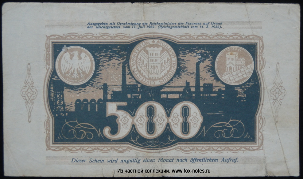 Stadt und Landkreis Dortmund und Hörde 500 Mark 1922