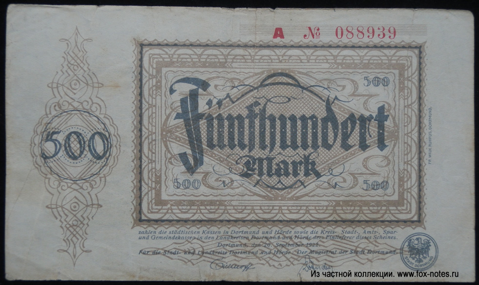 Stadt und Landkreis Dortmund und Hörde 500 Mark 1922