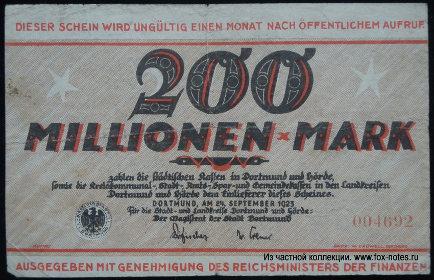 Der Stadt und Landkreis Dortmund und Hörde 200 Millionen Mark 1923