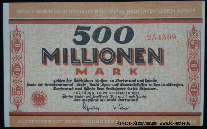 Der Stadt und Landkreis Dortmund und Hörde 500 Millionen Mark 1923