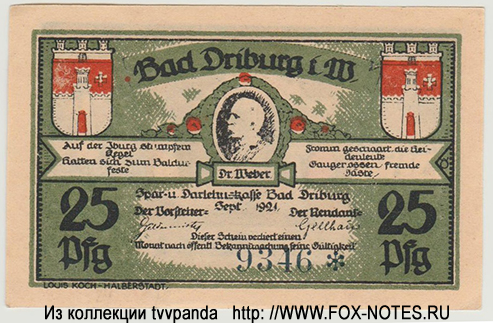 Spar- u. Darlehnskasse Bad Driburg 25 Pfennig 1921