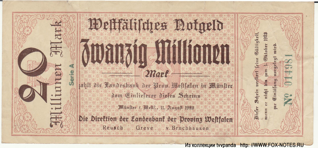 Landesbank der Provinz Westfalen, Münster 20 Millionen Mark 1923