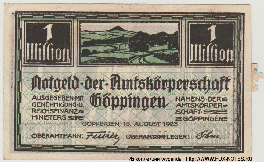 Notgeld der Amtskörperschaft Göppingen. 1 Million Mark. 16. August 1923.